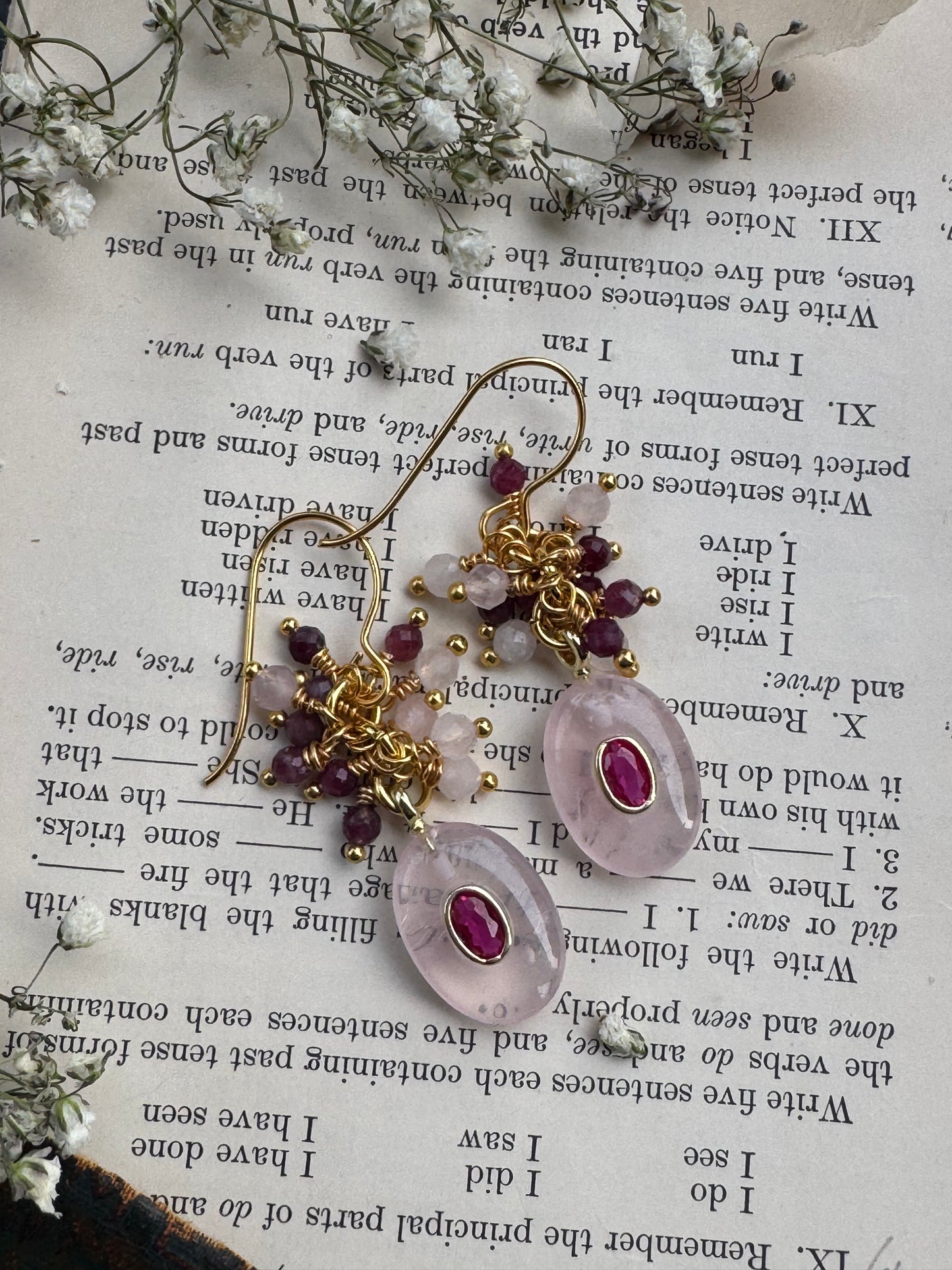 Ruby, rose quartz, gold metal, drop earrings