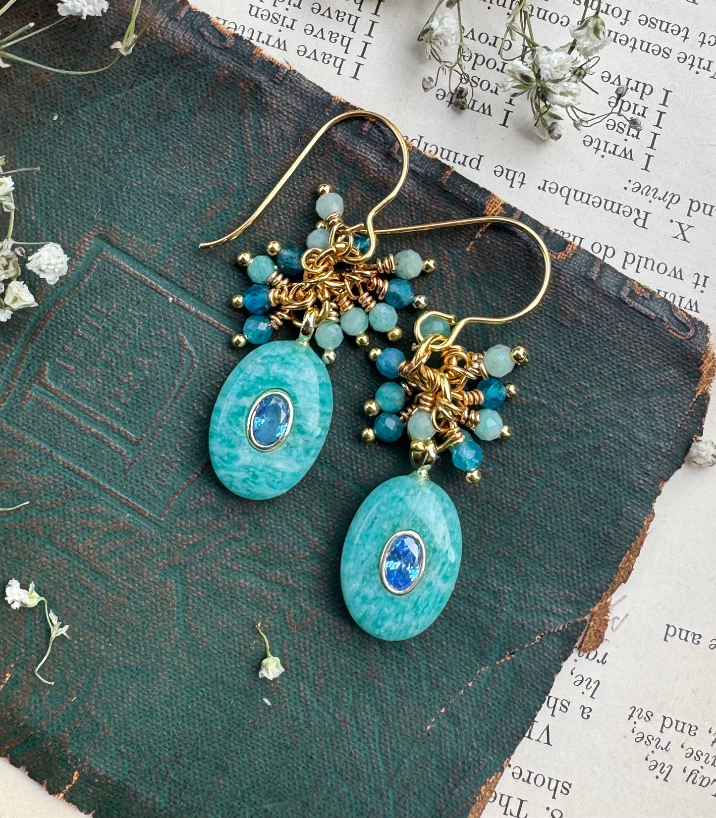 Amazonite, apatite, crystal, gold metal, drop earrings