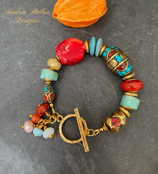 Amazonite, coral, agate, african brass, nepal beads, bracelet.