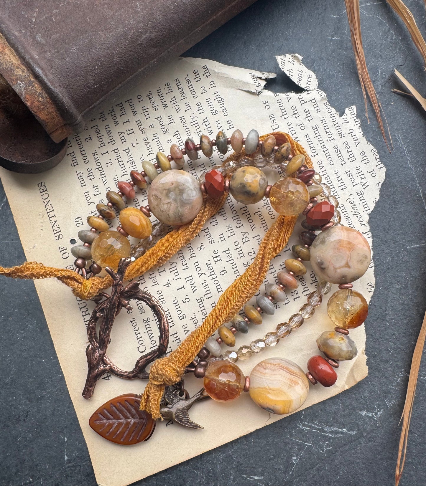 Red Jasper, crazy lace agate, citrine, silk ribbon, copper, crystal, bracelet.