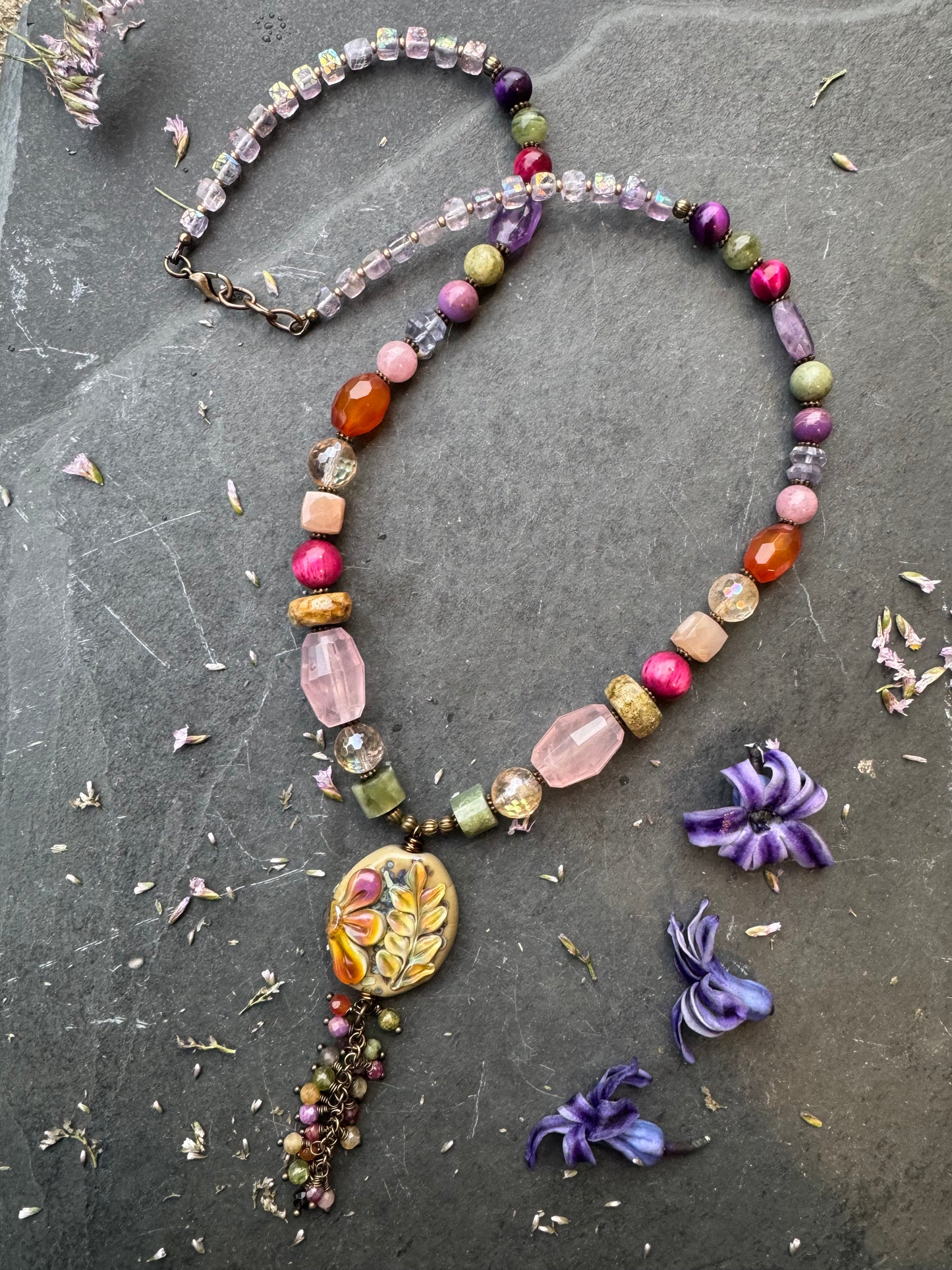 Handmade lampwork glass pendant, mixed gemstone, bronze metal necklace