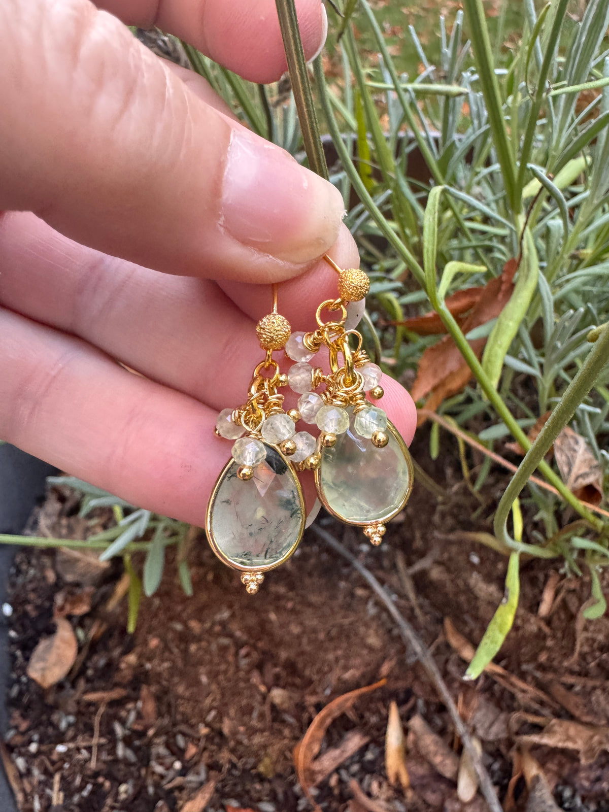 Prehnite stone, gold metal, drop, earrings