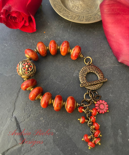 Red soapstone, nepal flower coral bead, Indonesian glass, African brass, bracelet