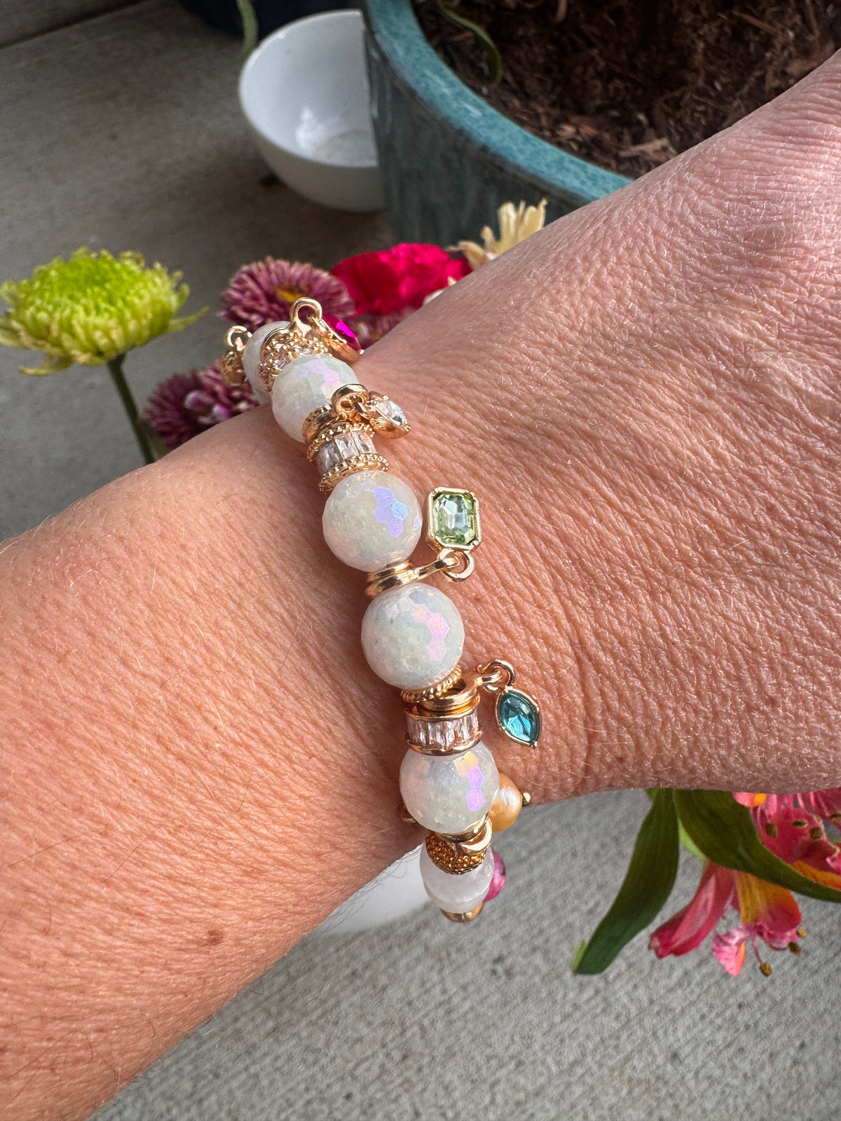 Faceted moonstone, selenite stone, mixed crystal gems, rhinestone clasp, bracelet