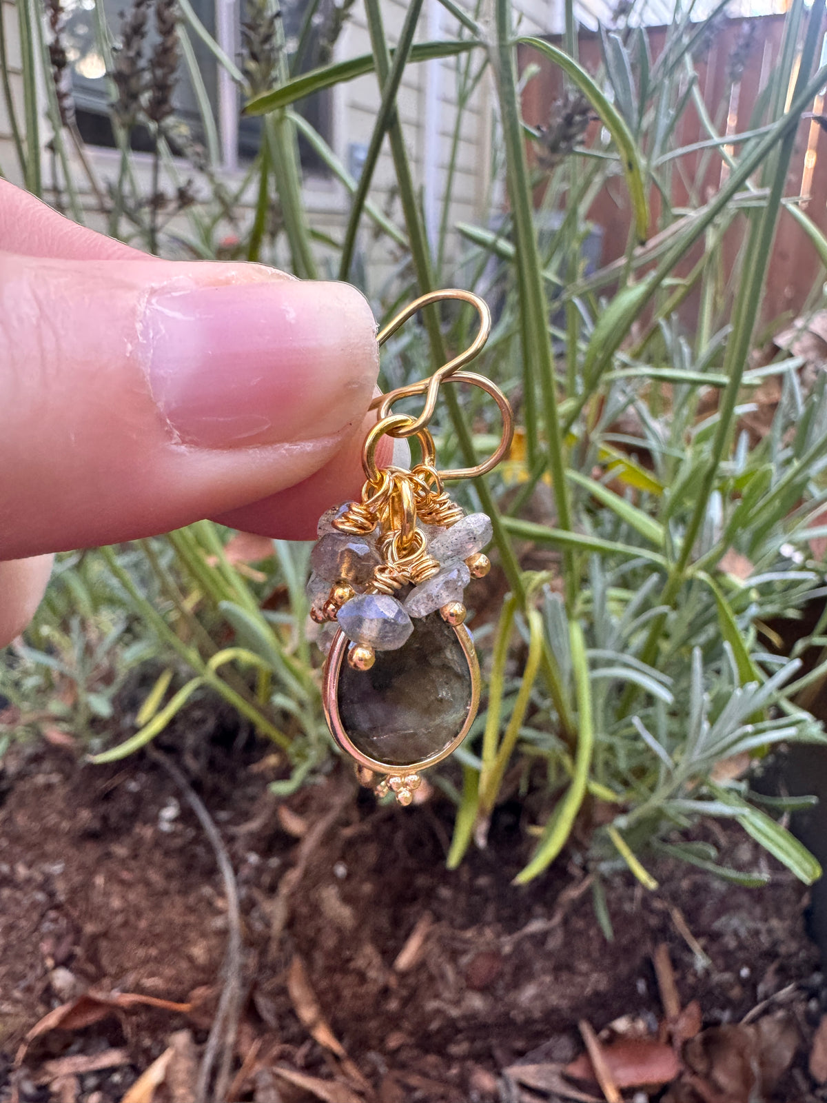 Labradorite stone, gold metal, drop, earrings