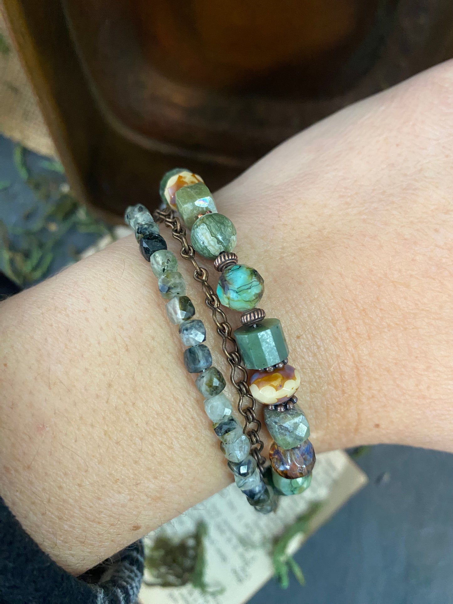 Nephrite jade stone, Czech glass, azurite, prehnite, amazonite, bronze metal, bracelet.