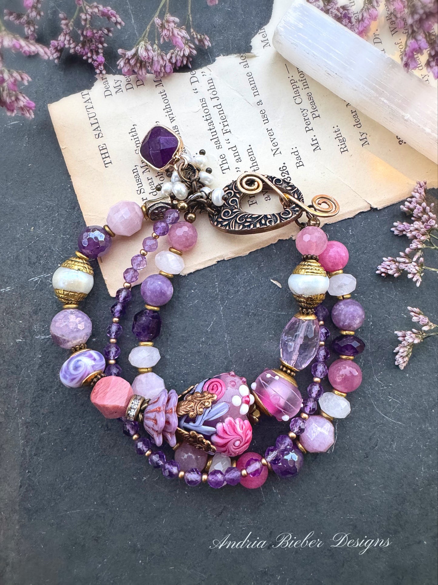 Rose quartz, pink tourmaline, amethyst, pearls, Czech pass, rhodochrosite, pink jade, handmade lampwork glass, handmade bronze clasp, bracelet