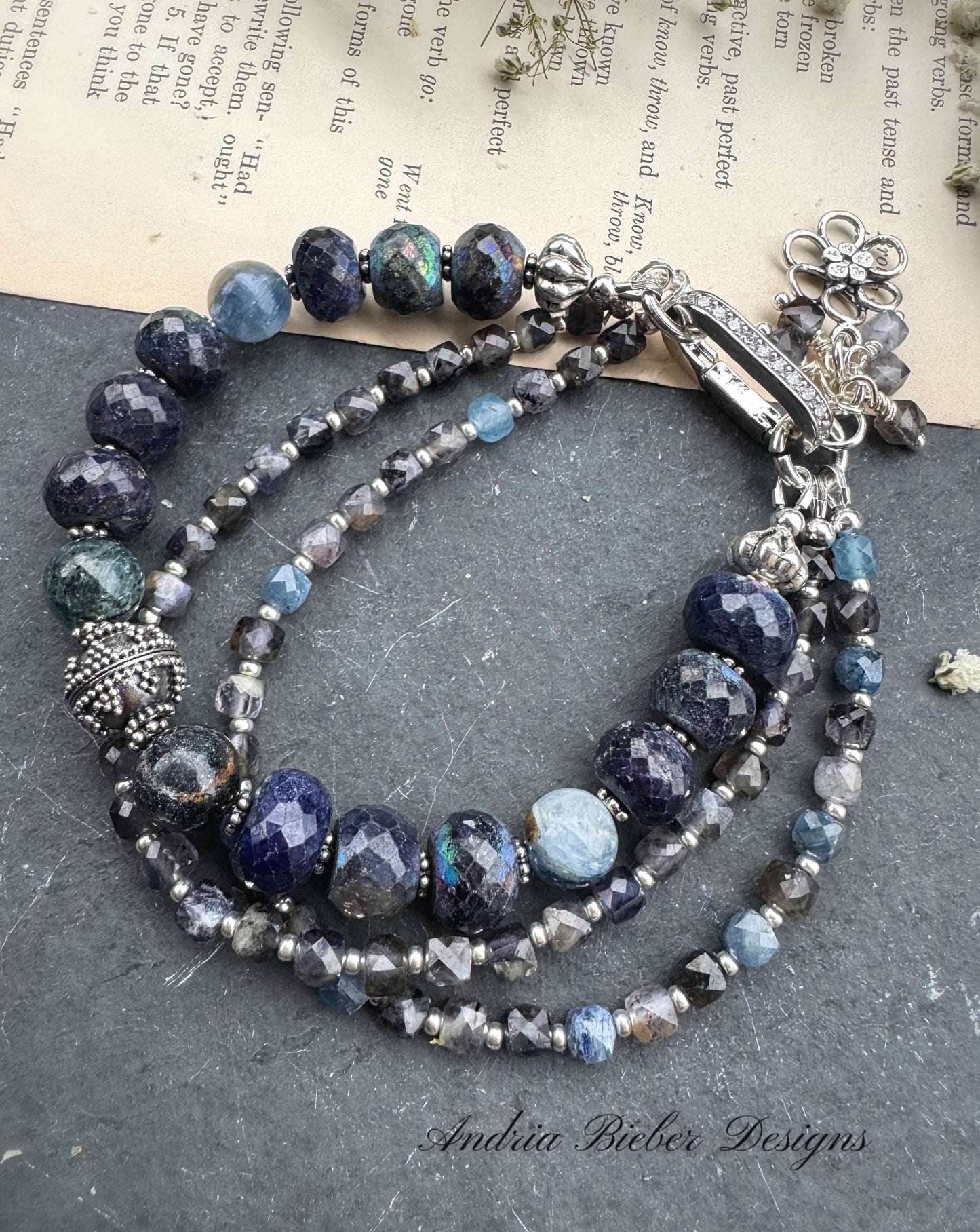 Iolite gemstone, kyanite gemstone and rhinestone, silver clasp, bracelet