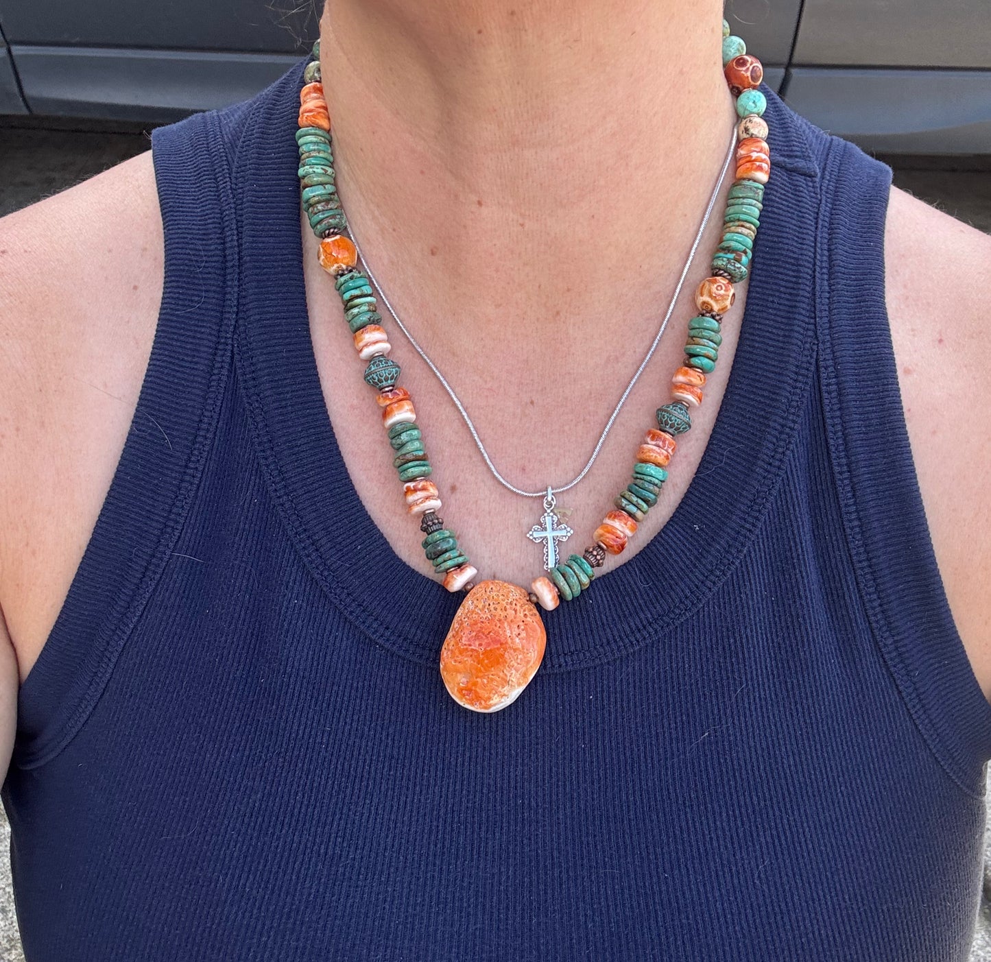 Hubei turquoise, spiny oyster, Peruvian Pine stone, copper metal, necklace