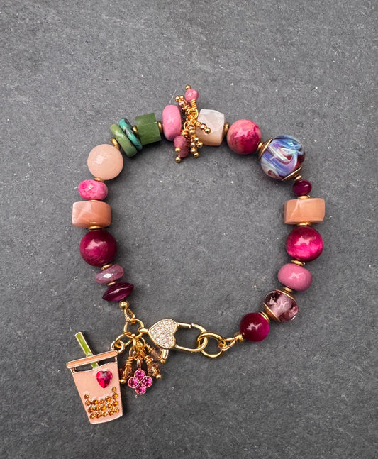 Handmade lampwork, pink tiger eye, peach moonstone, pink moonstone, turquoise, jade, pink opal, Rhinestone heart clasp. Cofee heart charm.