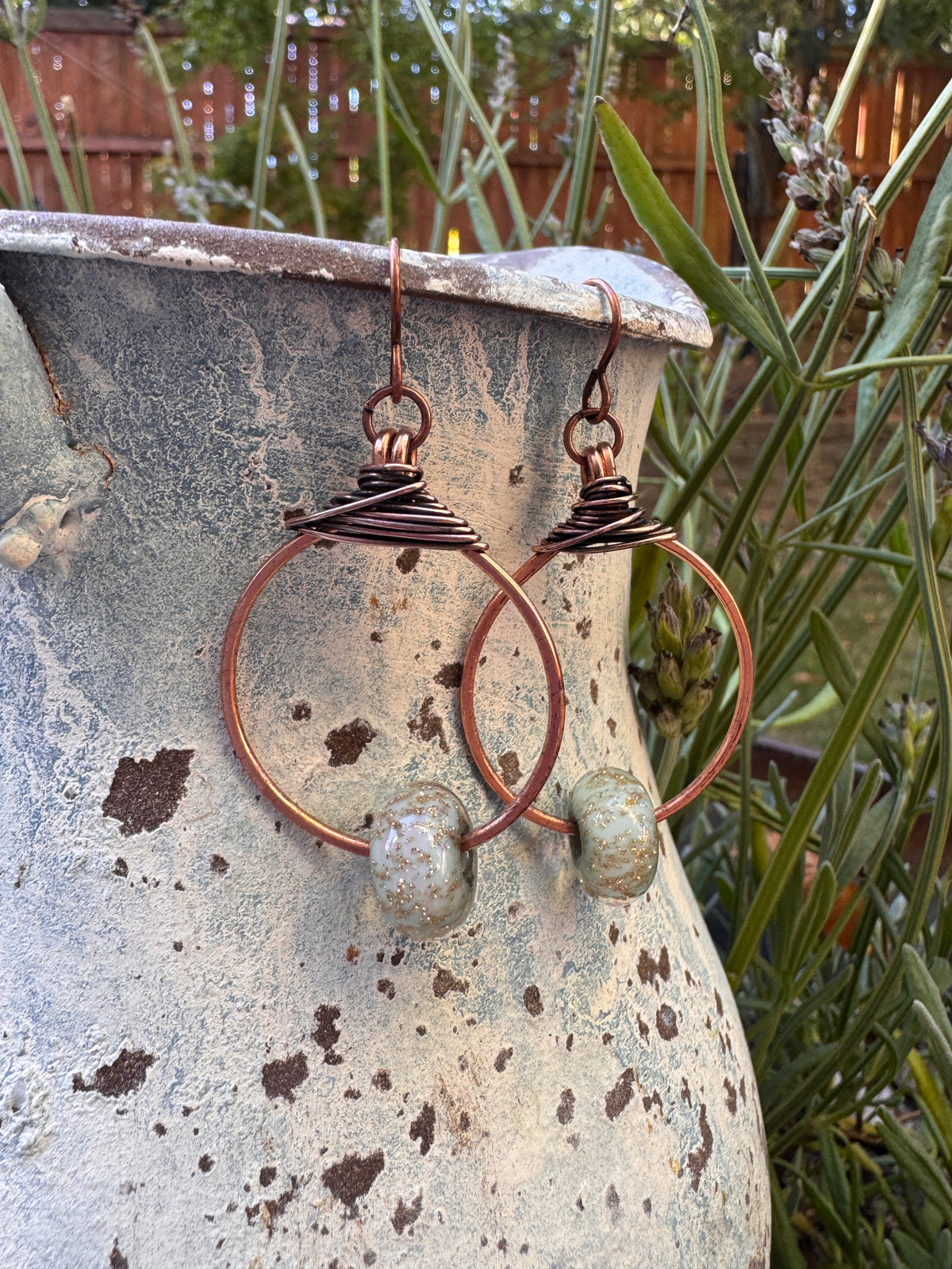Green and copper sparkle, Handmade lamp work Glass, copper metal hoop earrings.