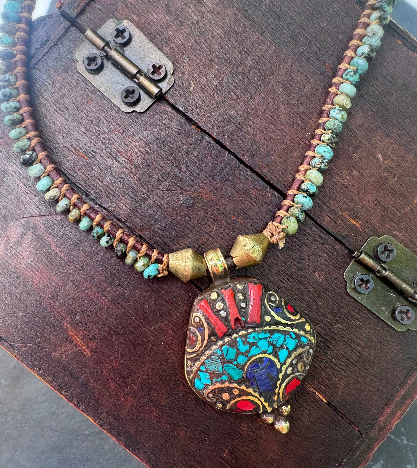 Turquoise, leather, Nepal pendant, necklace
