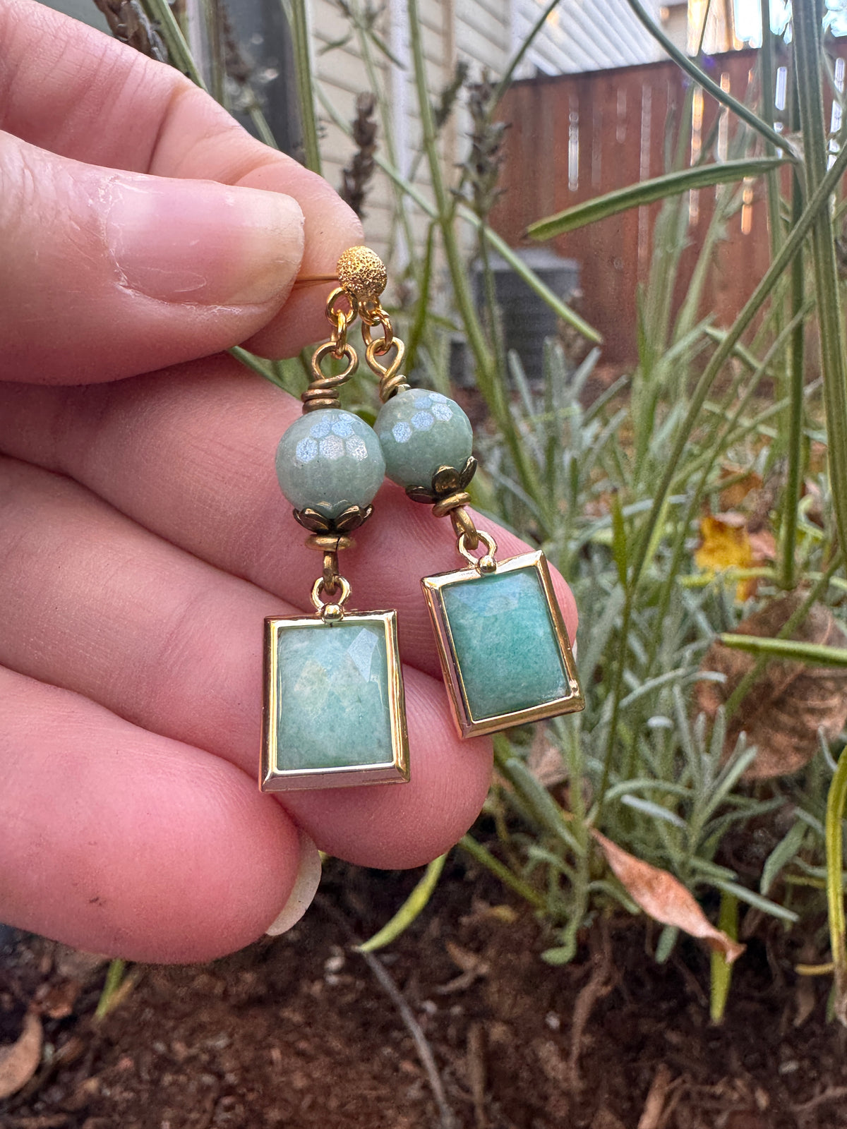 Amazonite stone, gold metal, rectangle drop, earrings