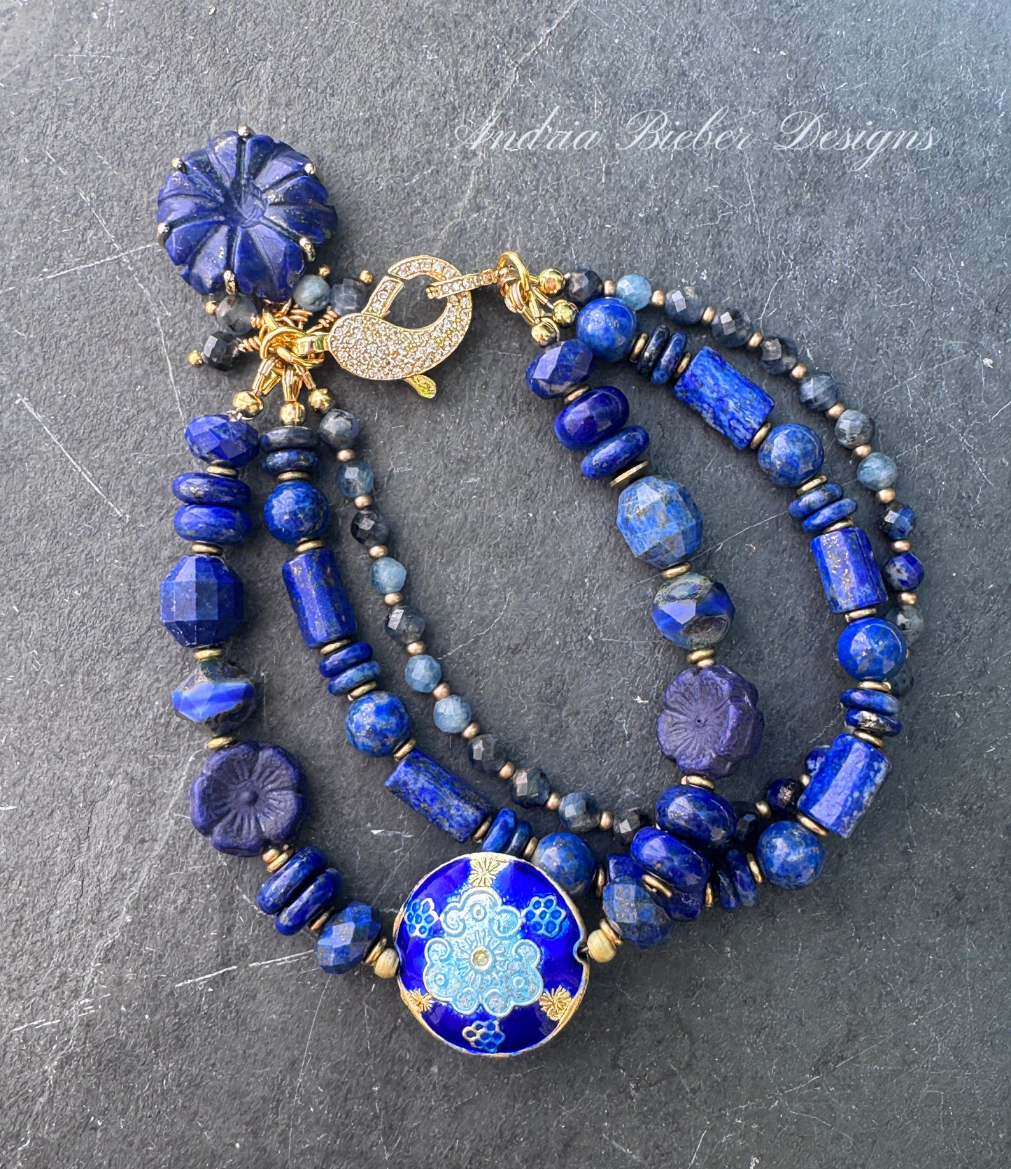 Lapis lazuli stone, czech glass, Cloisonné, gold metal, rhinestone clasp, bracelet
