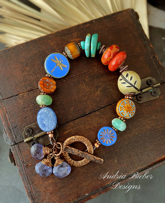 Green turquoise, iolite gemstone, blue kyanite, Czech glass, red coral, and copper metal, bracelet.