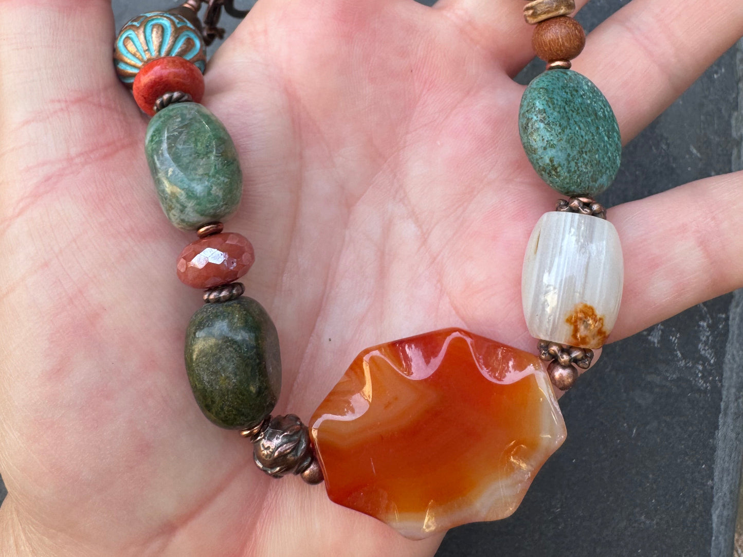Turquoise, Mixed stone, wood, carnelian agate, copper metal, leather, necklace