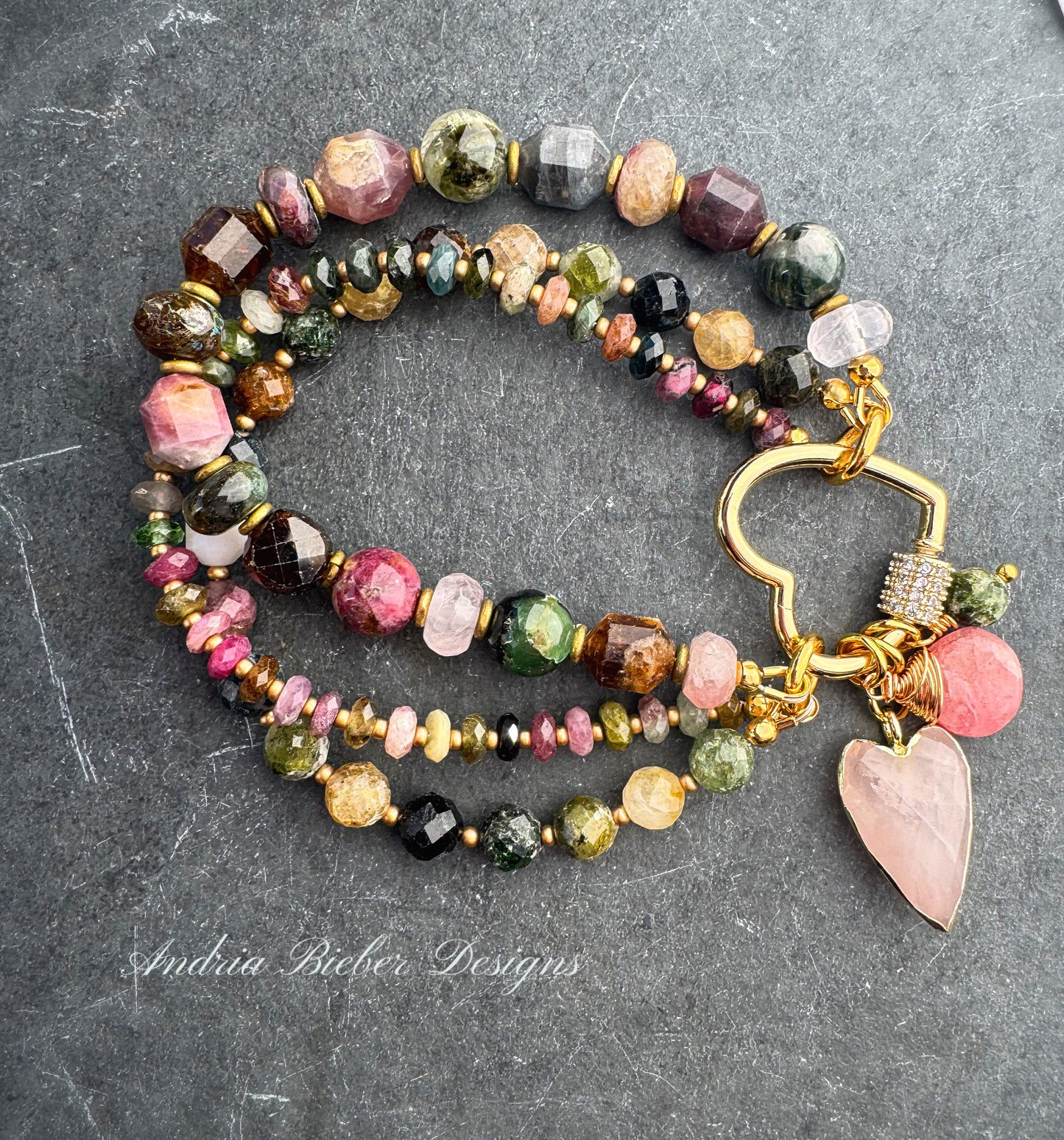 Watermelon tourmaline stone, rose quartz, strawberry quartz, gold metal, bracelet. Heart twist clasp. MTO
