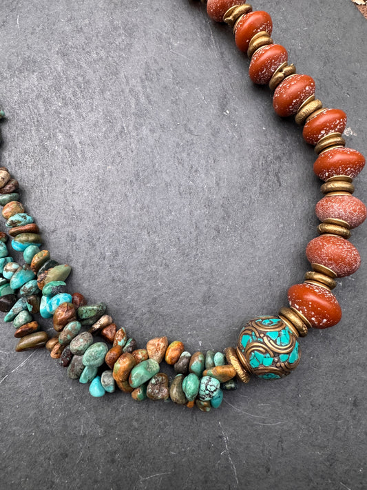 Turquoise chip, Java glass, African brass metal, necklace