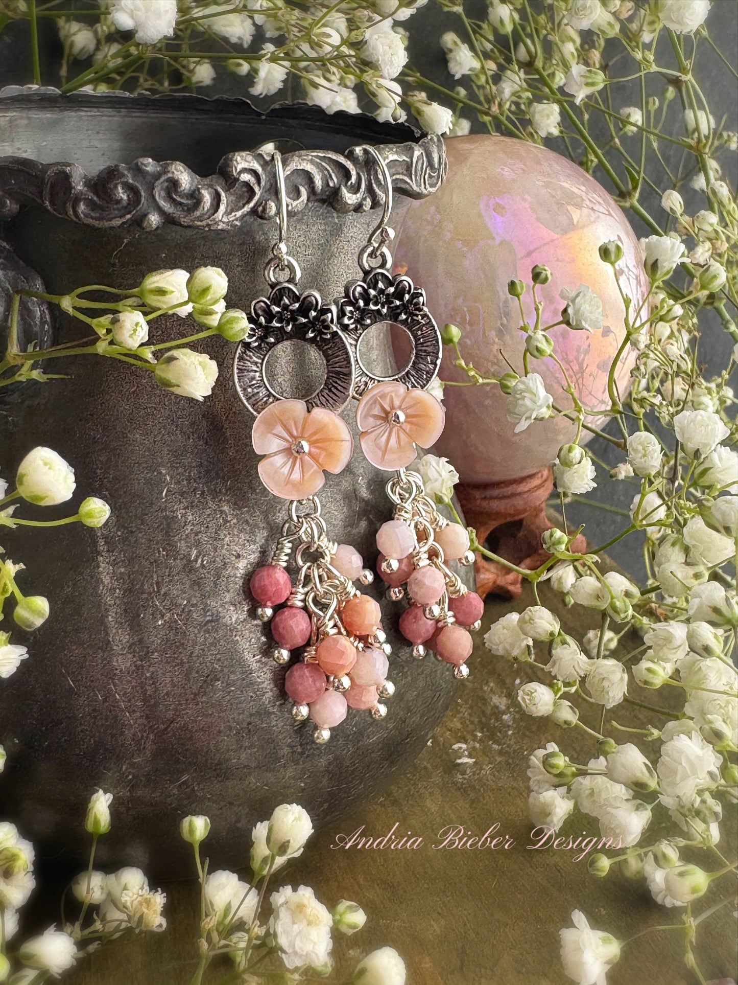 Pink opal, pink shell blossoms, sterling silver metal, earrings