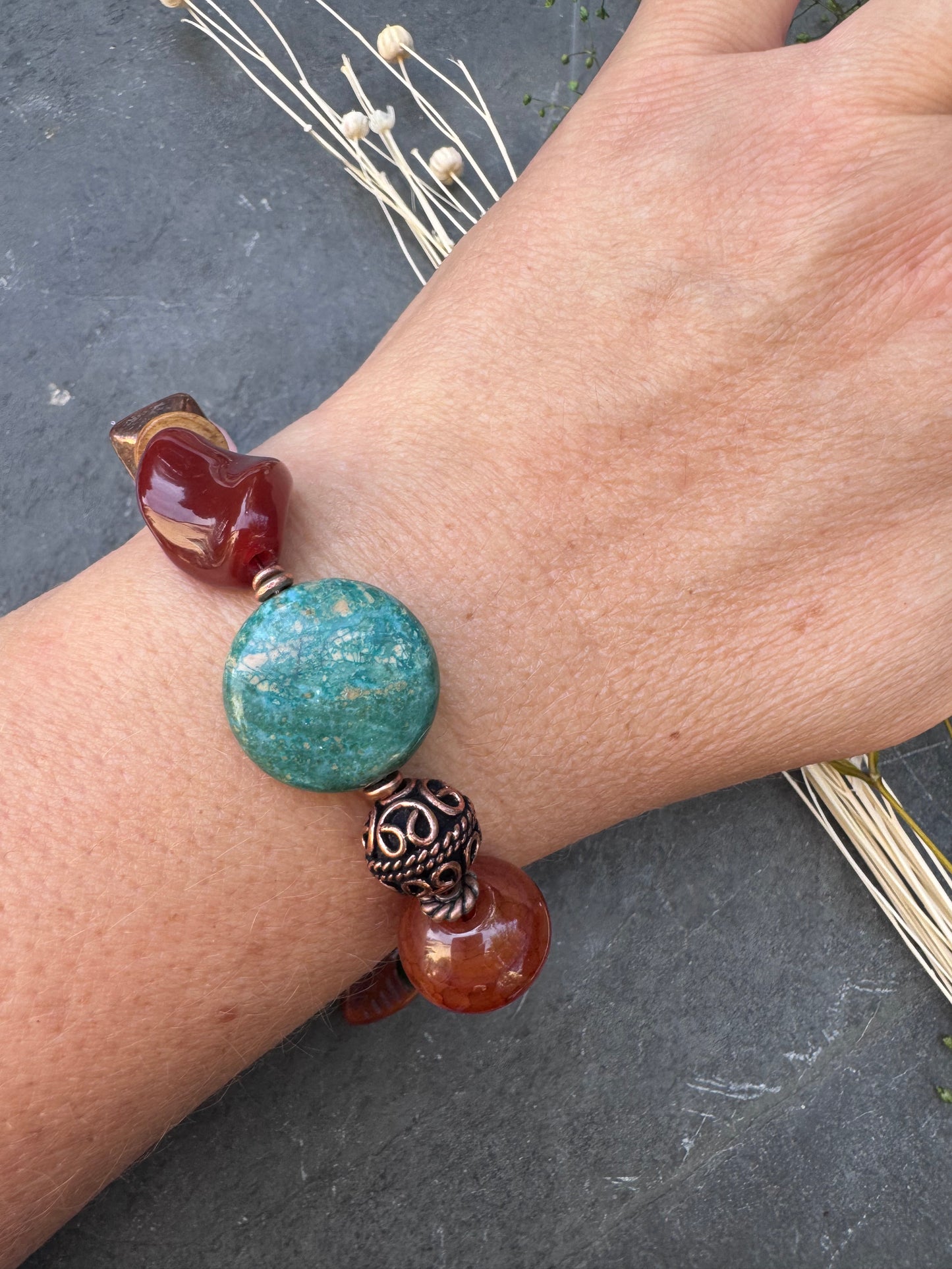 Turquoise, carnelian, agate, emerald, rose, quartz, mixed stone, copper bracelet