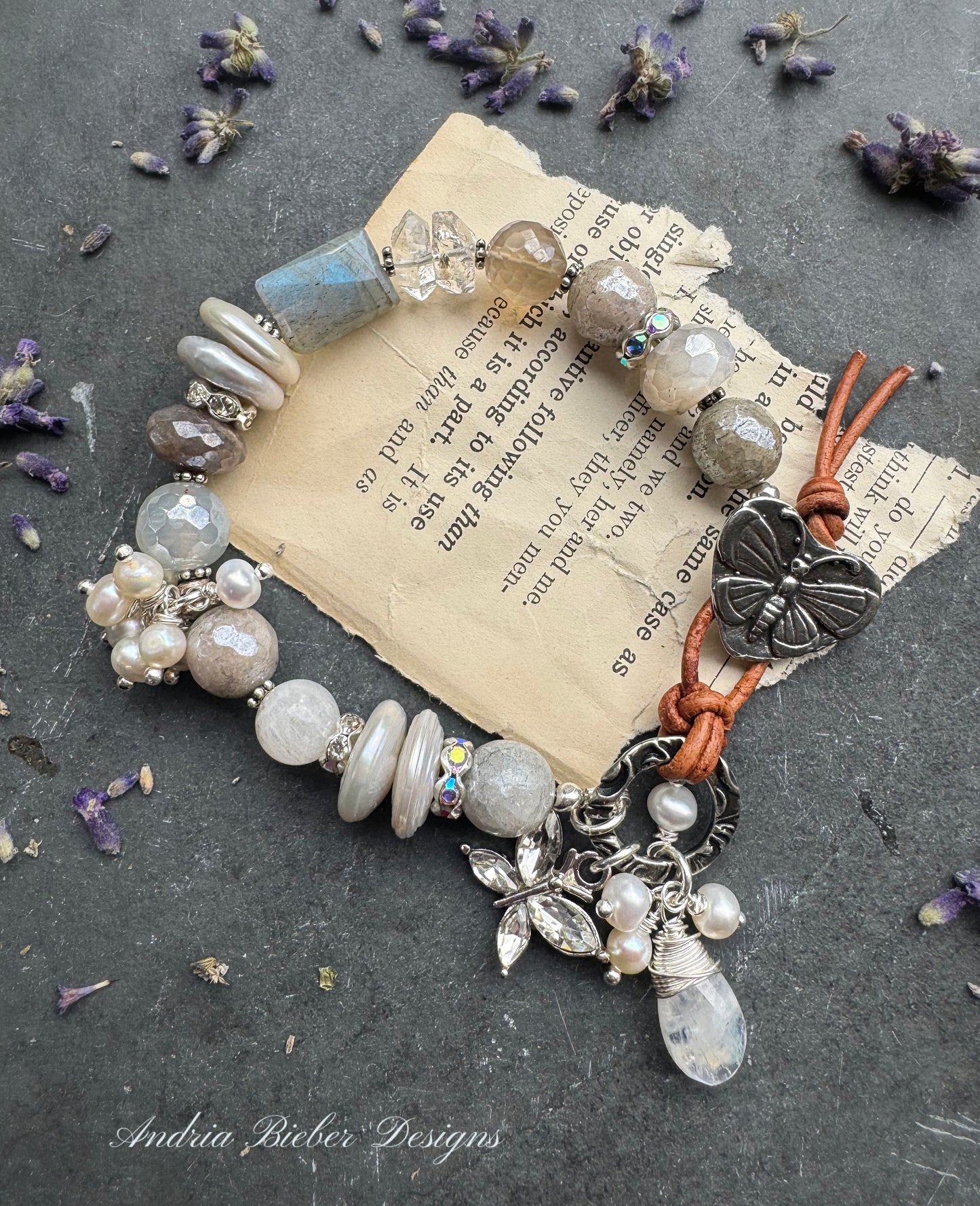 Labradorite, Herkimer diamonds, pearls, moonstone and button butterfly clasp.