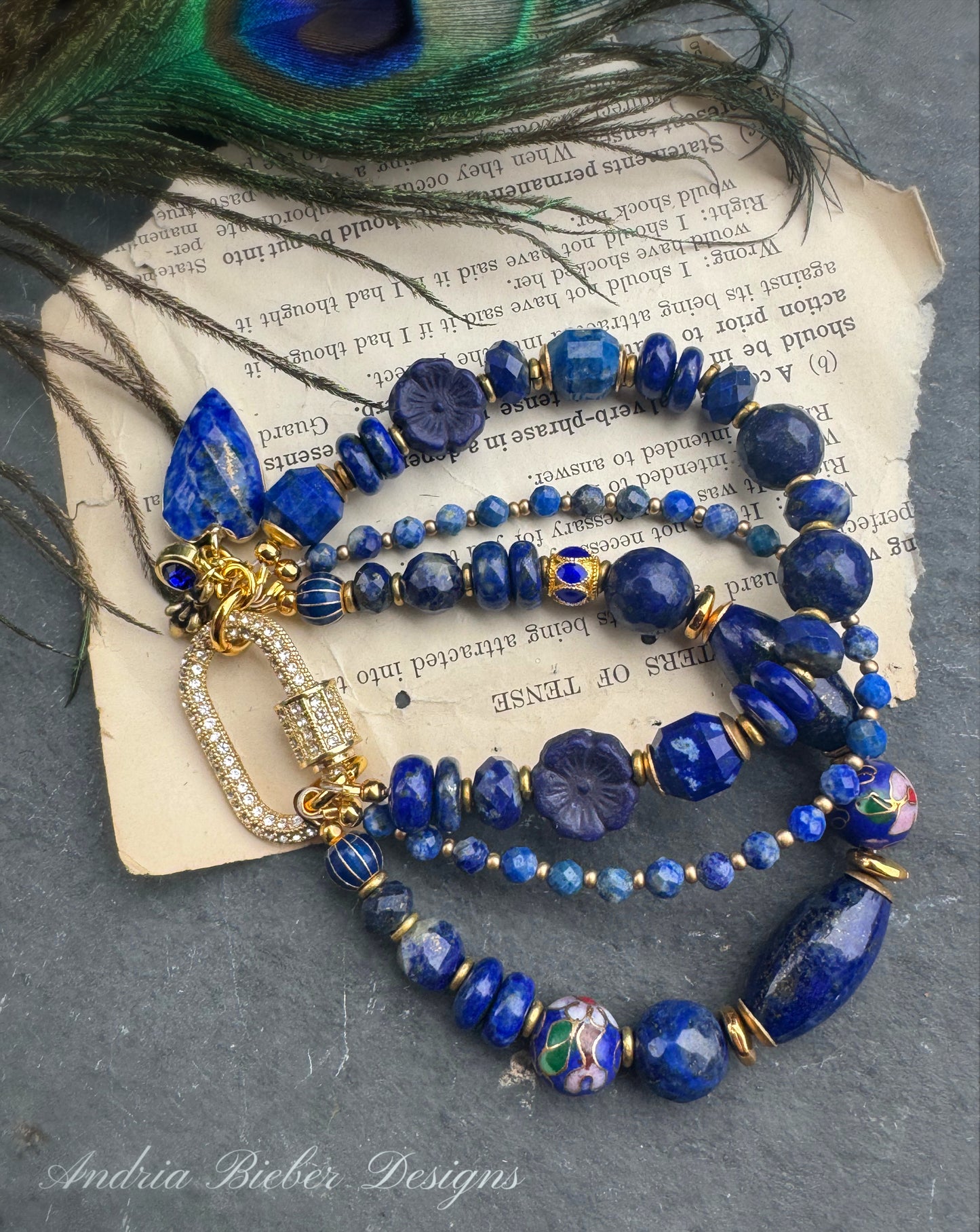 Lapis lazuli stone, cloisonné, Czech glass, gold metal, bracelet. Rhinestone carabiner clasp. ￼