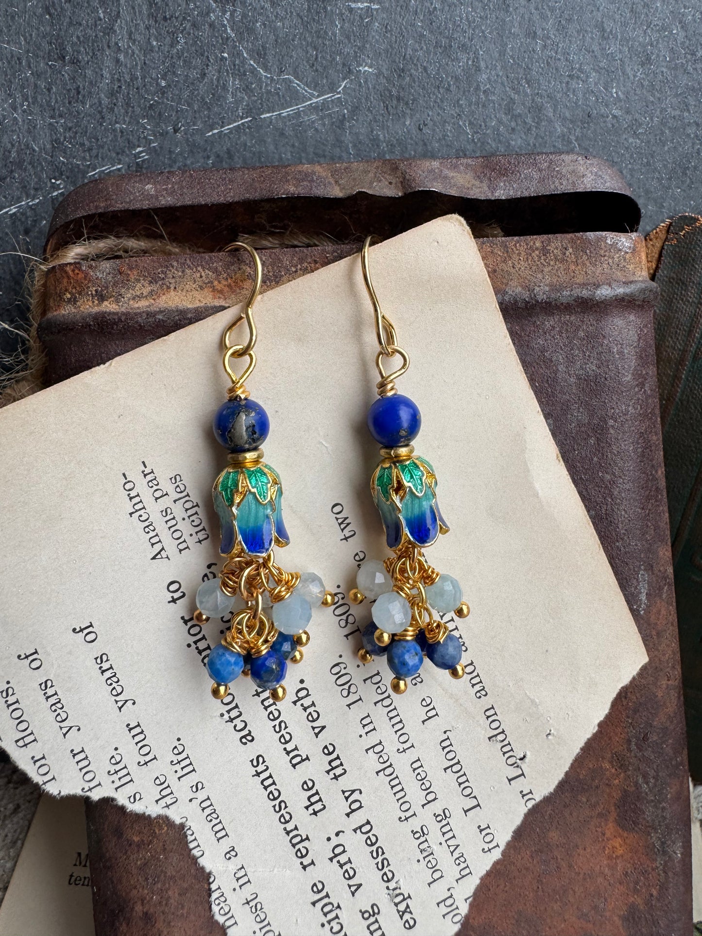 Gold flower charms, aquamarine, lapis stone, Cloisonné beads, earrings