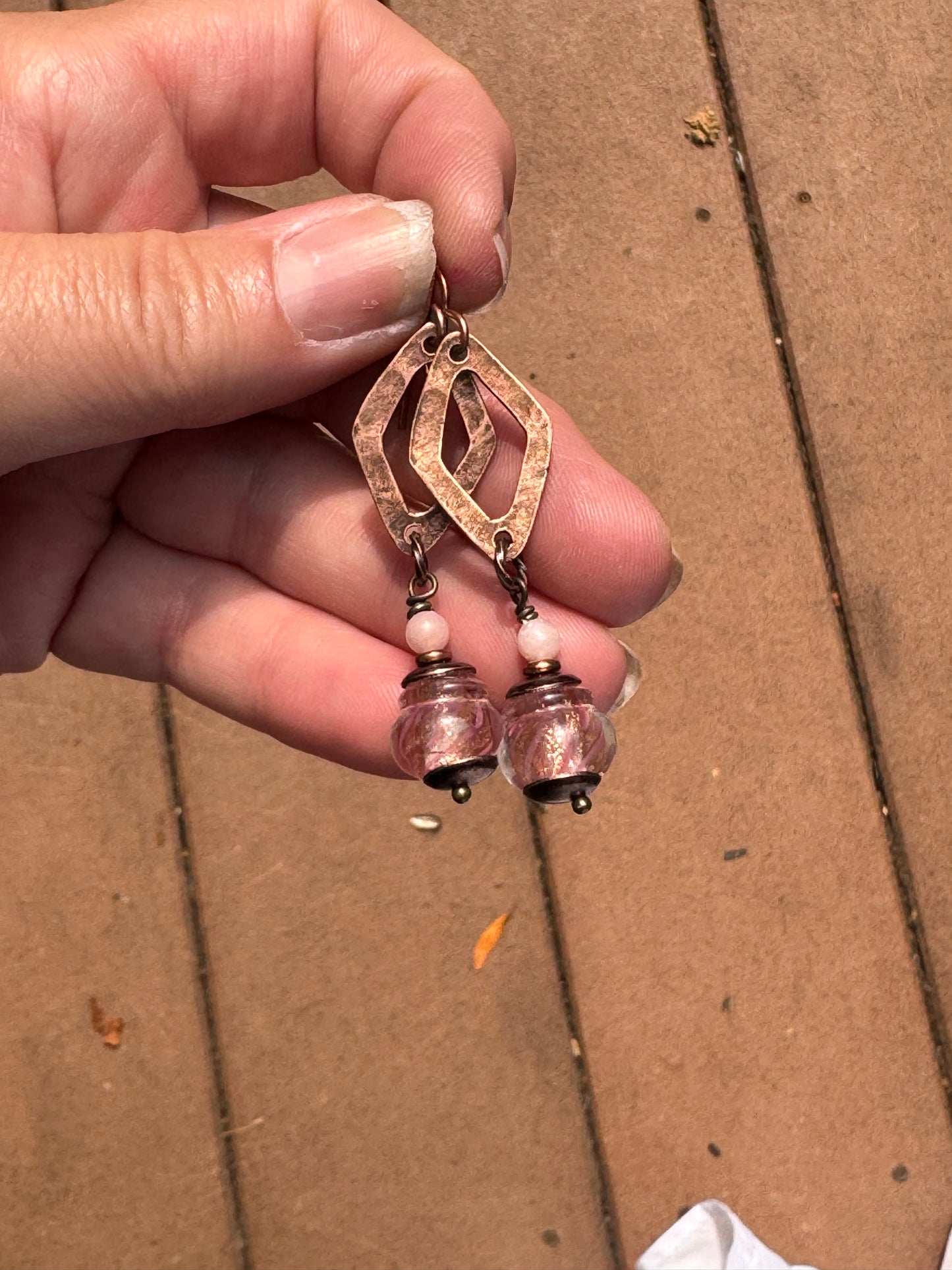 Pink lampwork glass, copper metal, earrings
