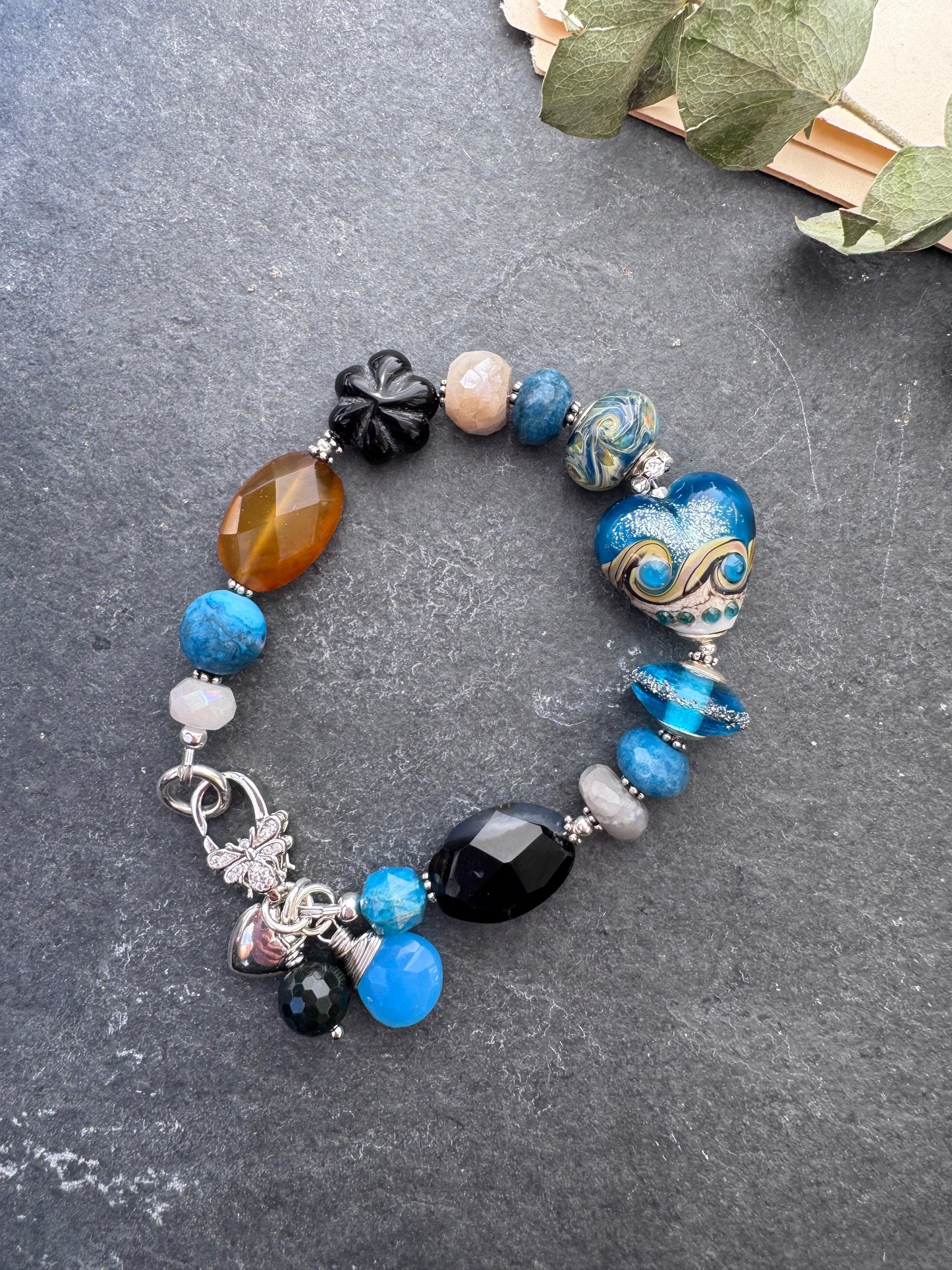 Apatite, handmade lampwork glass, agate, silver metal, bracelet