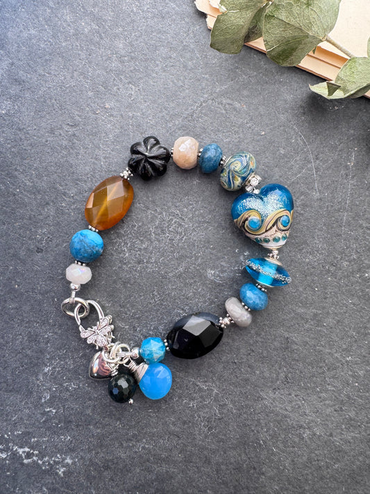 Apatite, handmade lampwork glass, agate, silver metal, bracelet