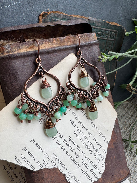 Chrysoprase stone, Drop detailed charms, copper earrings