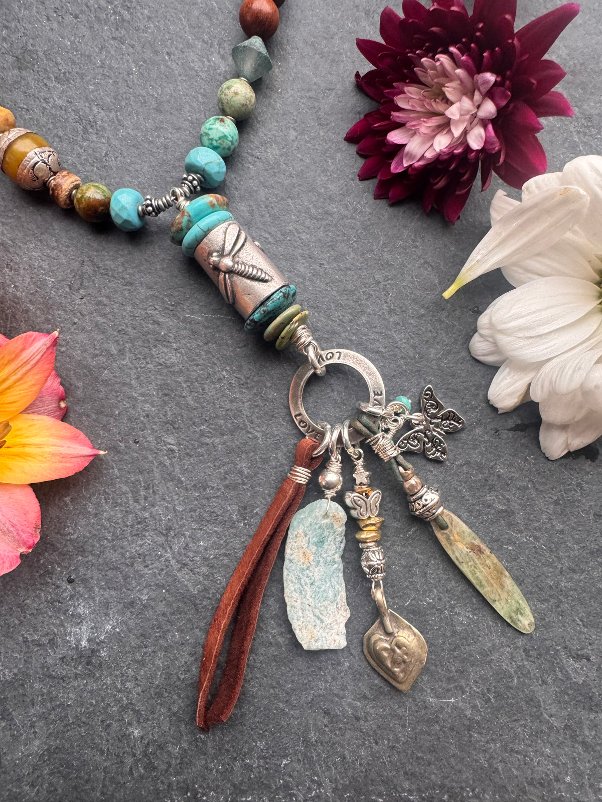 Hubei Turquoise, mixed gemstone, dragonfly, silver metal, necklace.