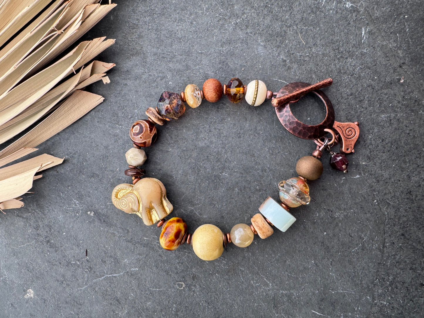 Lampwork glass, Czech glass, ceramic, Amazonite, copper bracelet