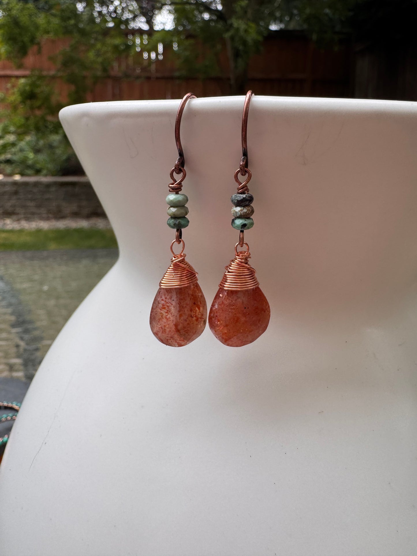Sunstone, turquoise, copper metal, earrings