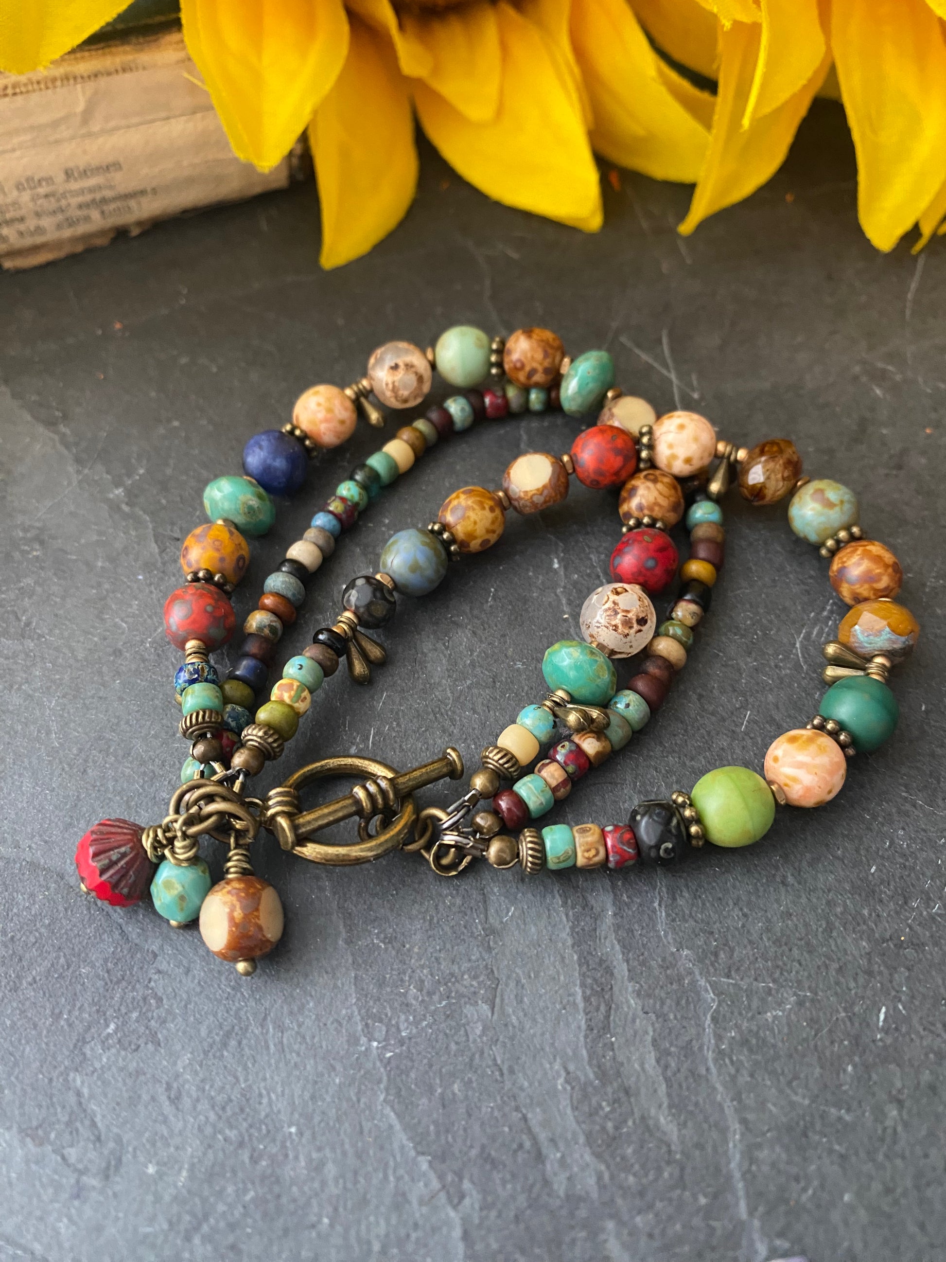 Namaste. Czech glass, agate stone, multi strand, bronze metal bracelet. - Andria Bieber Designs 