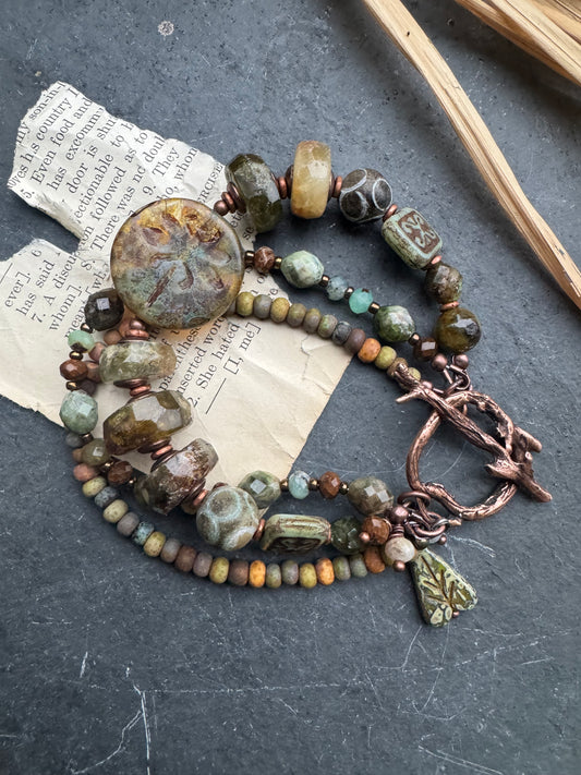 Green garnet, czech glass, Amazonite, African brass, bracelet