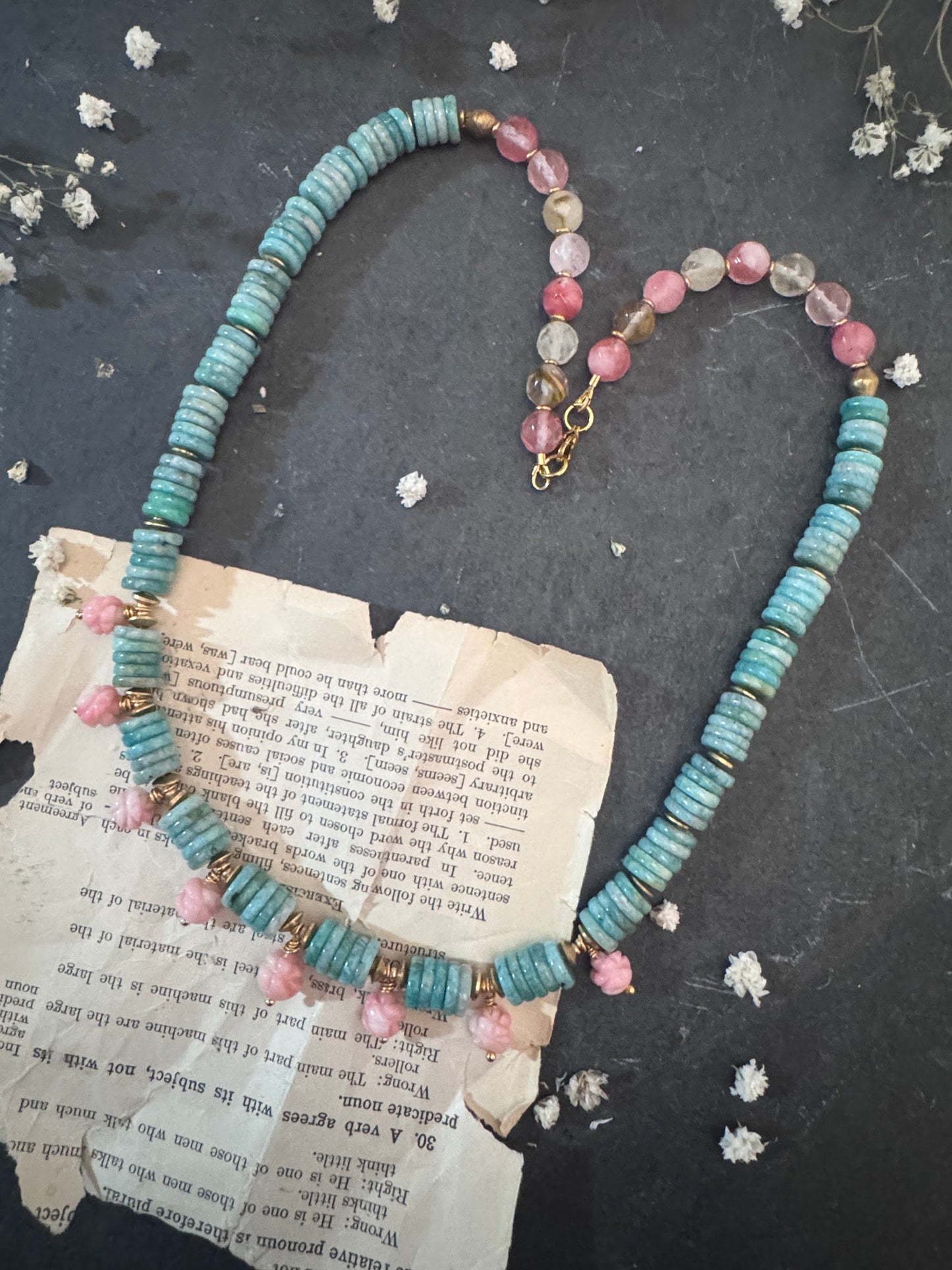 Natural Sea Blue Peruvian Amazonite stone, pink opal carved flowers, agate, brass metal, Necklace (vintage beads)
