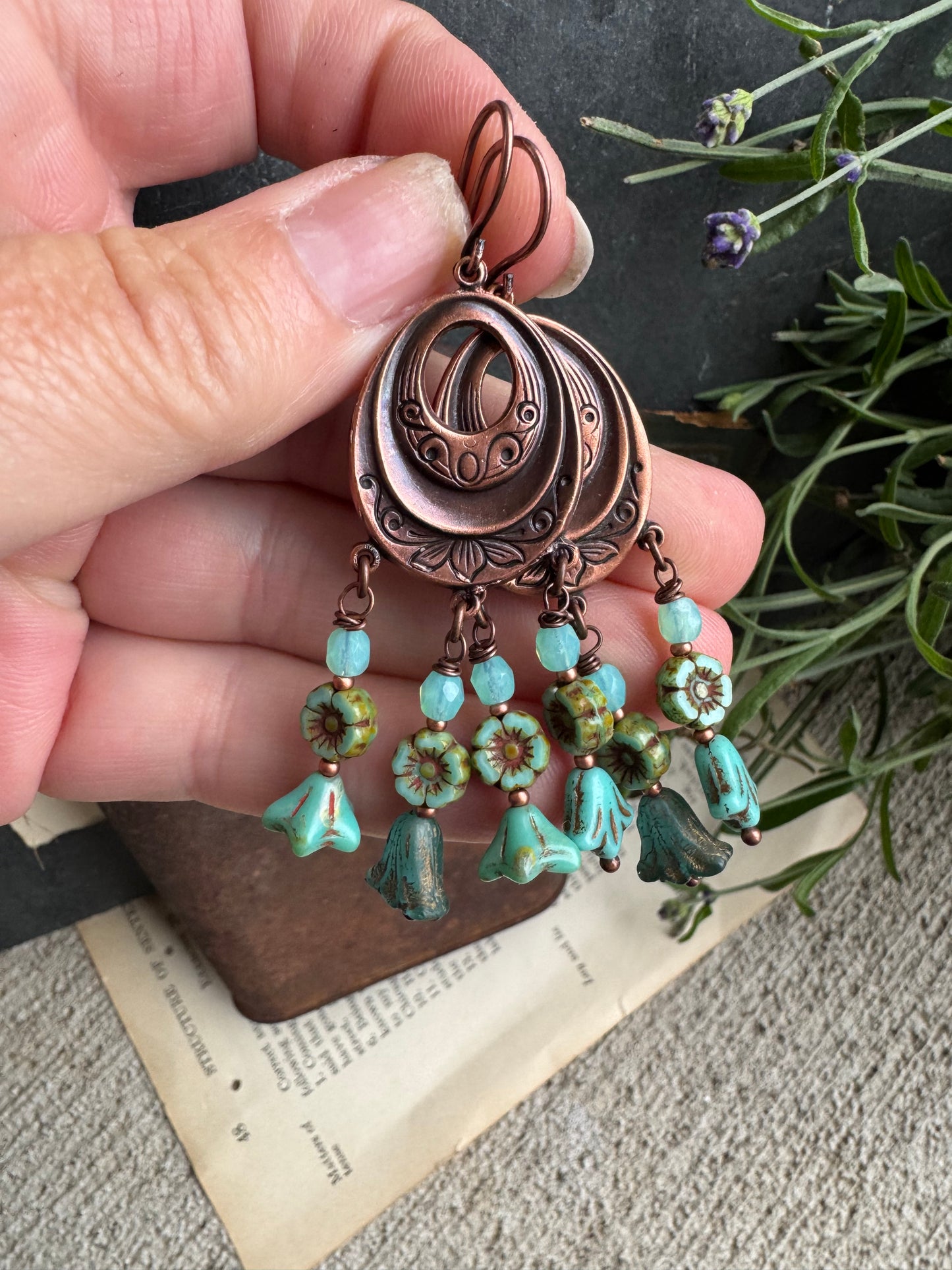 Floral copper detailed charms, Czech glass, copper earrings