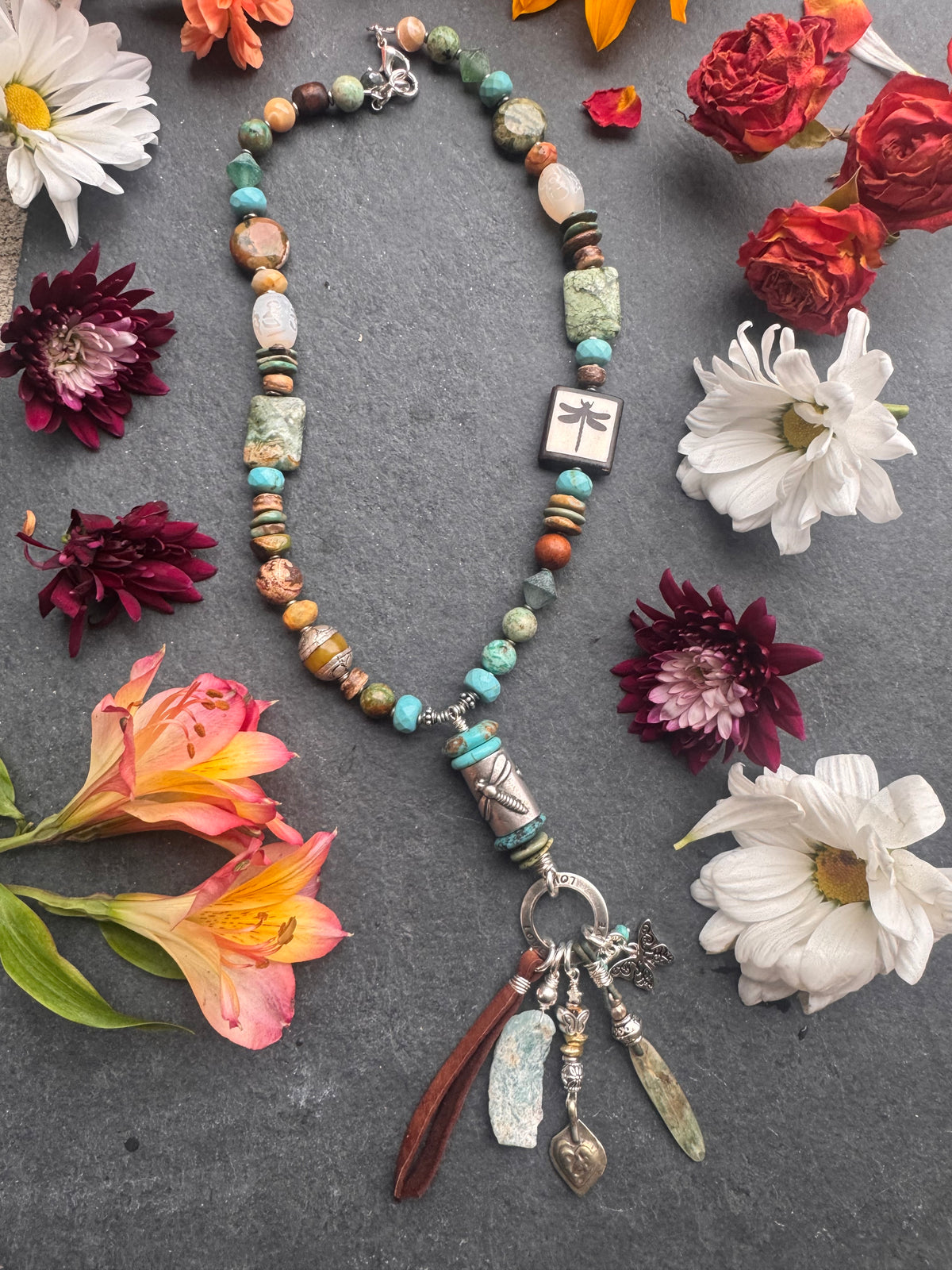 Hubei Turquoise, mixed gemstone, dragonfly, silver metal, necklace.