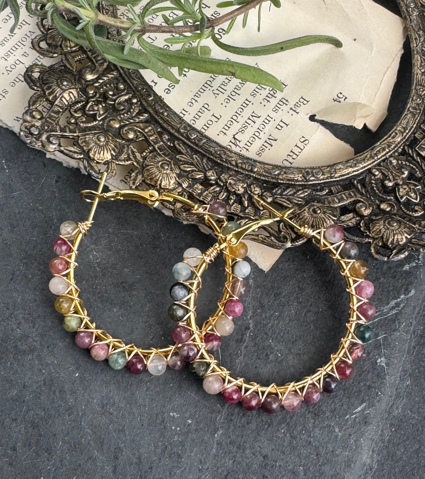 Watermelon tourmaline, wire wrapped gold hoop earrings, jewelry