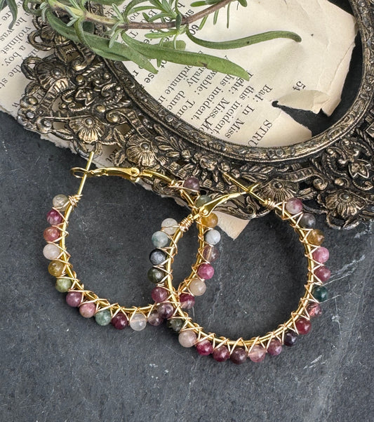 Watermelon tourmaline, wire wrapped gold hoop earrings, jewelry