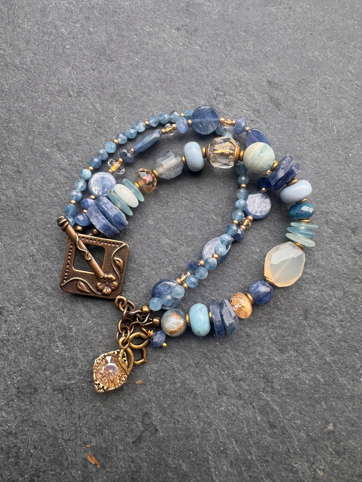 Kyanite, Chalcedony, blue opal, aquamarine stone, czech glass, brass, bracelet.