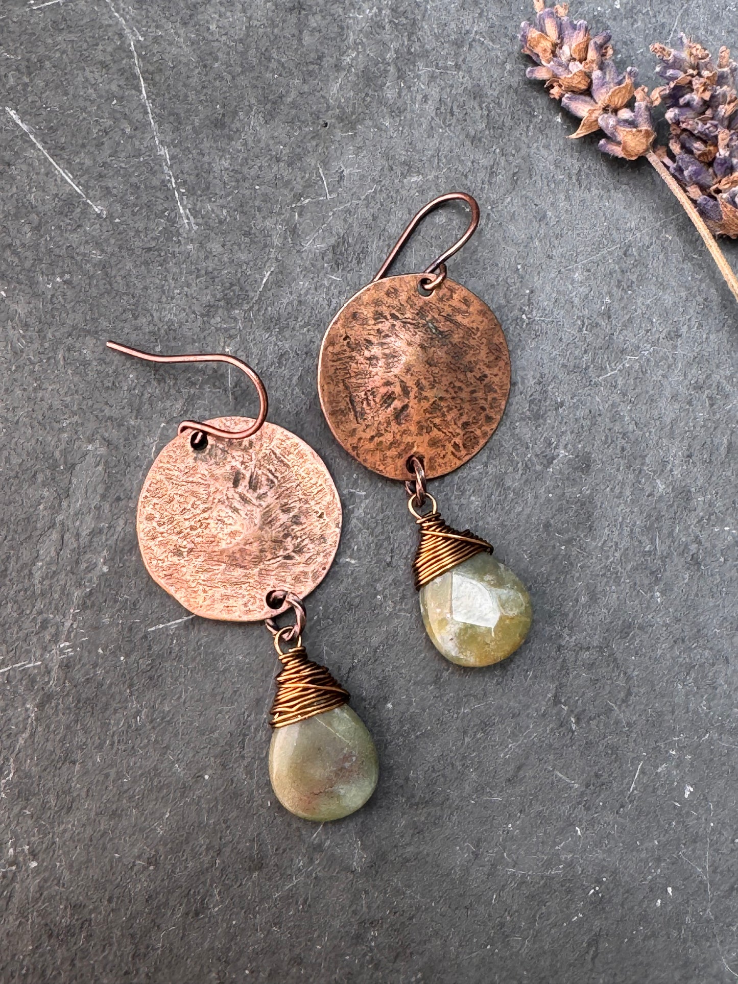 Green Jasper stone, copper metal, earrings