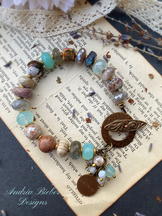 Chrysocolla, labradorite, moonstone, faceted mystic coated gemstones blend, bronze metal, bracelet