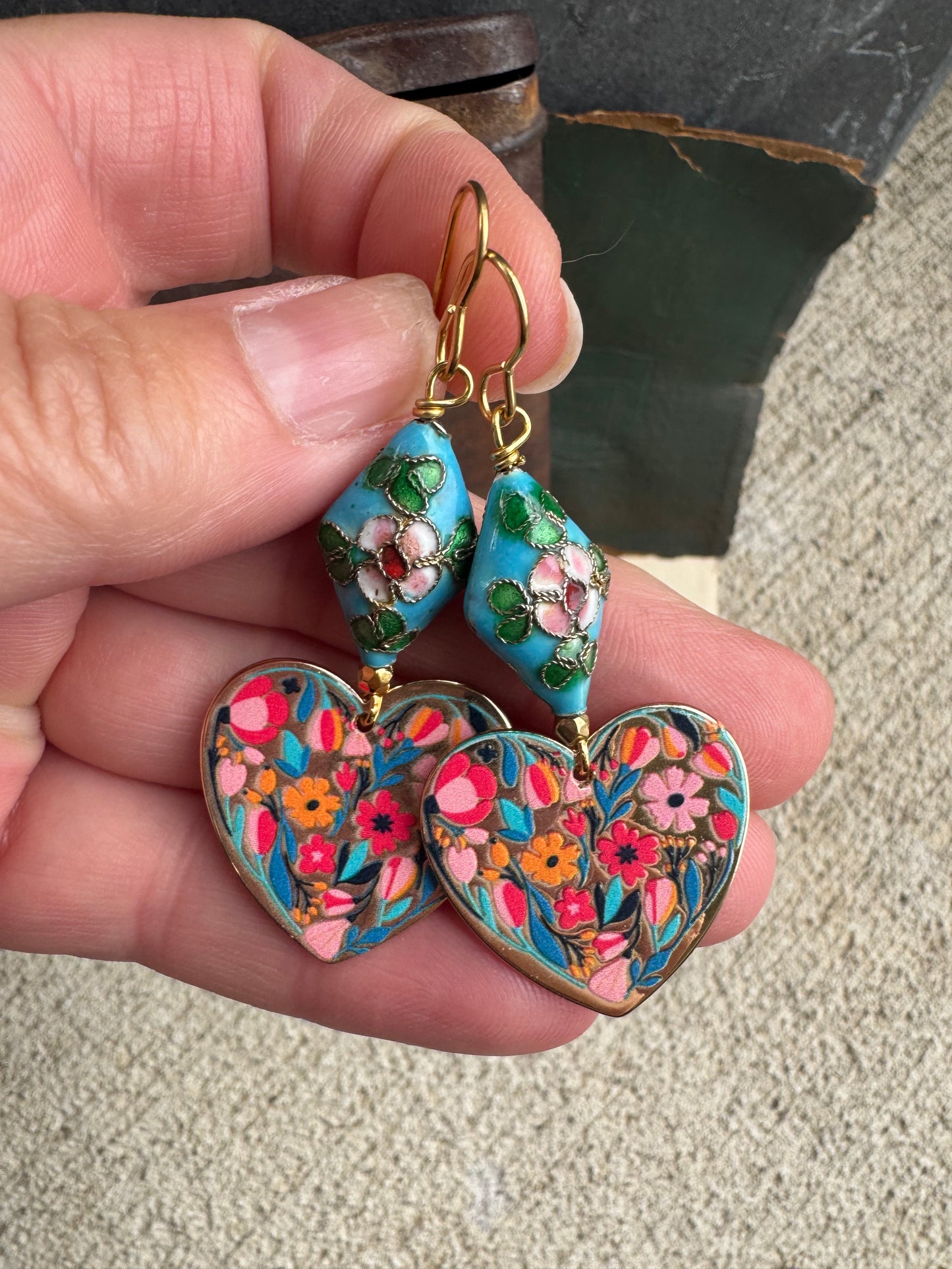 Enamel floral charm and floral cloisonné bead, lightweight earrings