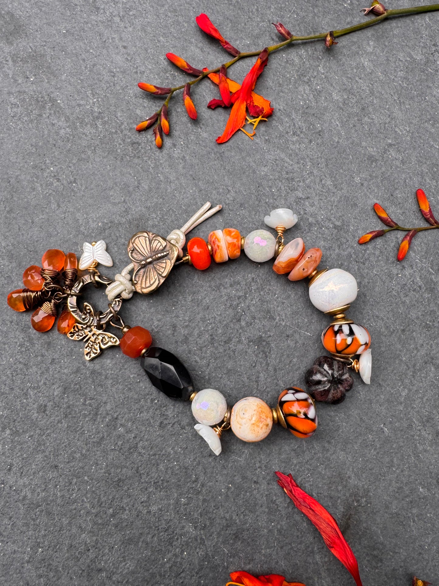Monarch butterfly. Mixed stone, handmade lampwork Glass, butterfly button, bracelet