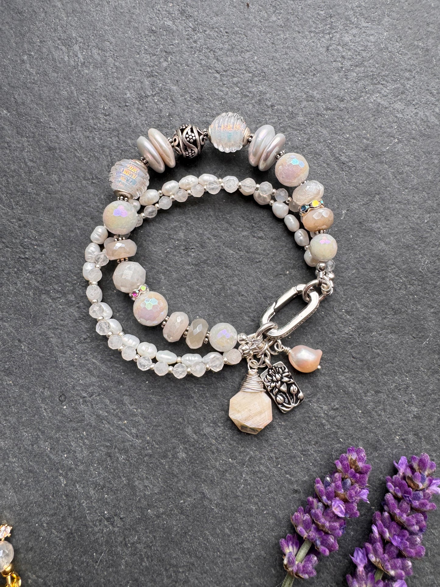 Pearls, moonstone gemstone,handmade lampwork glass, silver metal, bracelet, jewelry.
