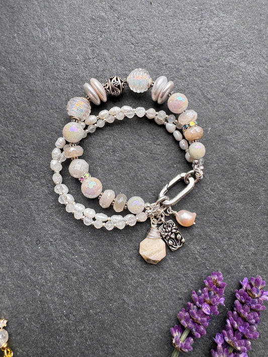Pearls, moonstone gemstone,handmade lampwork glass, silver metal, bracelet, jewelry.