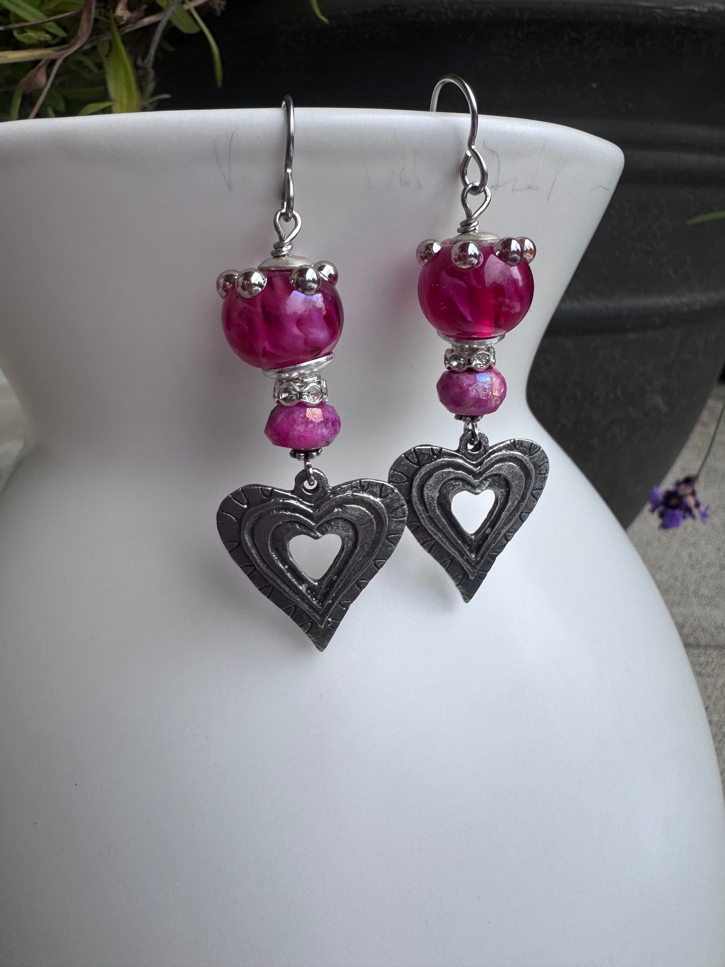 Handmade lampwork glass, pink moonstone, pewter silver heart charm, earrings