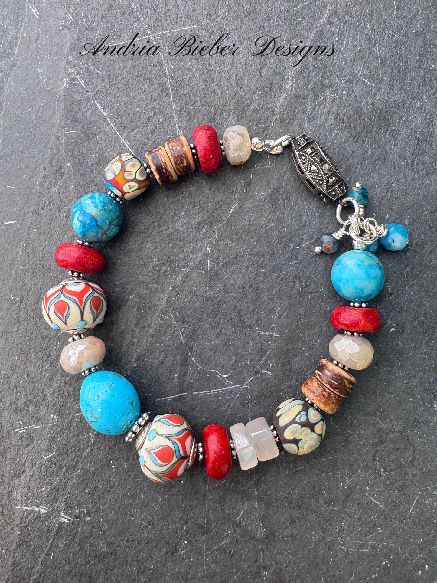 Kingman turquoise, coral, handmade lampwork glass, moonstone, silver metal, bracelet